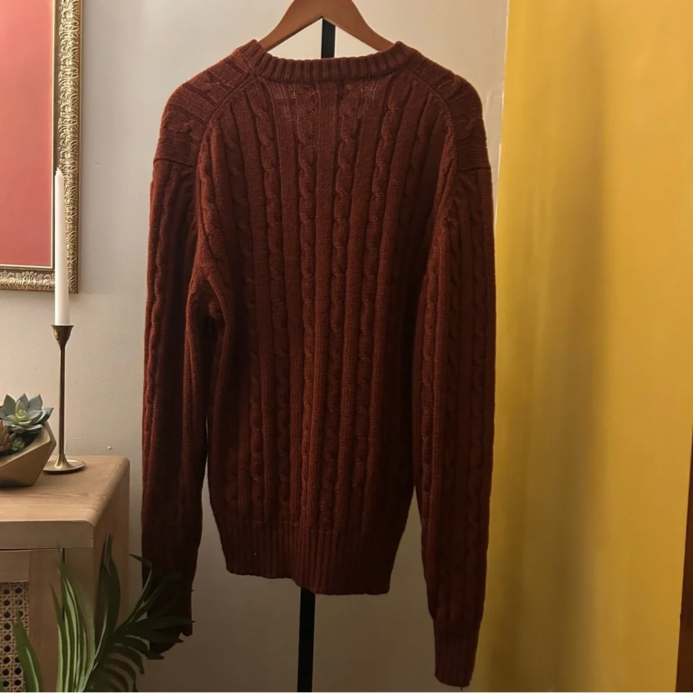 Vintage 70s Gant Rugger Wool Cable Knit Sweater Dark Academia Preppy V-Neck‎ XL